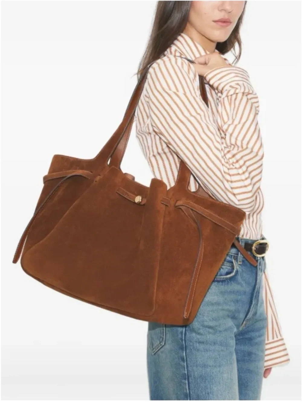 Tory Burch Large Romy Caramel Suede Shoulder Tote Bag